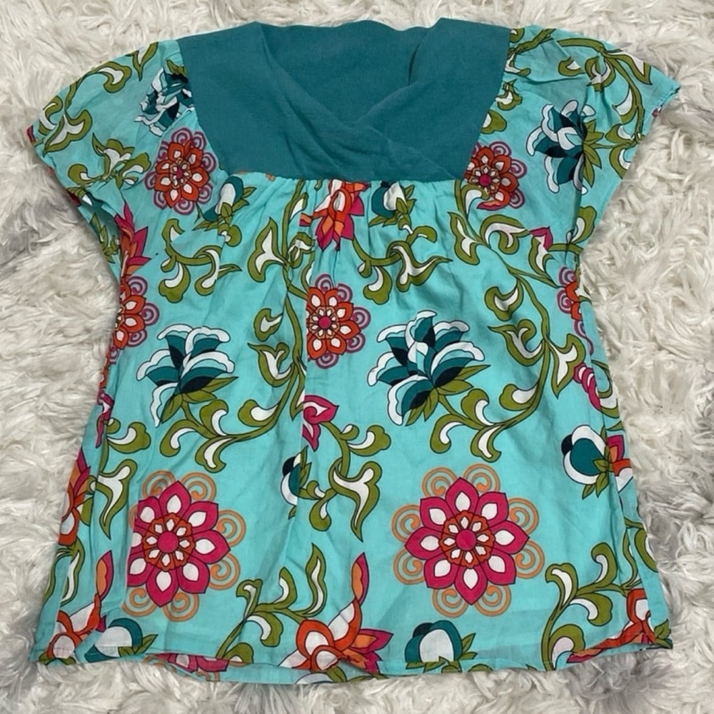 Tea Collection Floral Kids Blouse - Teal and Pink size 7 years